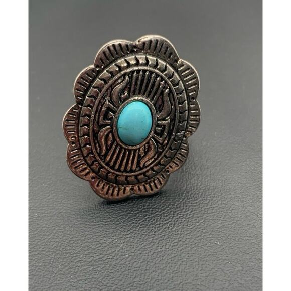 Silver Tone And Faux Turquoise Western Southwestern Costume Jewelry Ring Size 8 - Picture 2 of 7